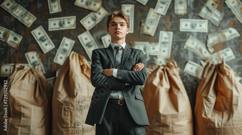 Photo of a young businessman against the background of bags of money