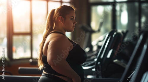 Overweight plus sized woman working out in a gym. Activity for weight loss.