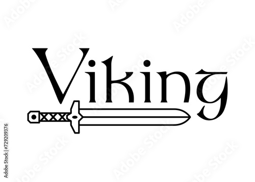 Logo con palabra Viking con espada medieval