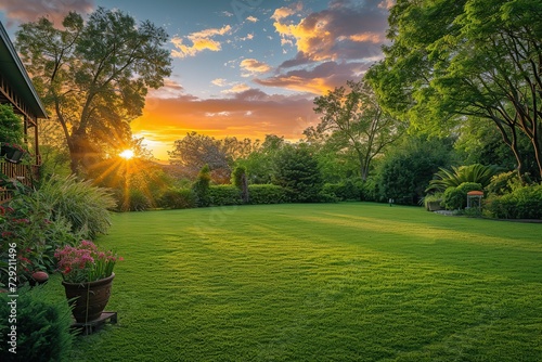 Back house yard with green grass and nice landscaping with sunlights