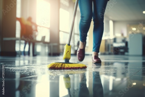 A woman is seen sweeping the floor with a broom. This image can be used to depict cleaning, household chores, or maintenance tasks