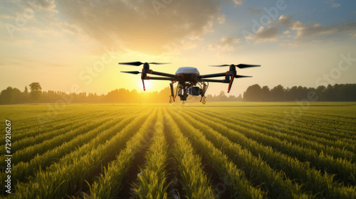 Agricultural technology concept. drone flies over green field and sprays useful pesticides to increase productivity destroys harmful insects.