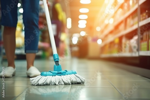 Woman mopping the floor in a store. Suitable for cleaning, janitorial, and retail concepts