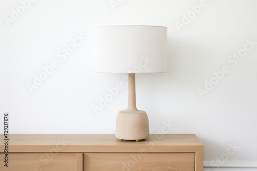 a table lamp with wood stand and linen shade