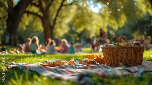 A close-up of a basket brimming with delicious picnic fare. In the softly blurred background, a family with children plays joyfully on a sunlit lawn.