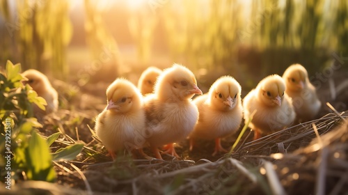 Little yellow ducklings in the sun on the farm. Easter concept.