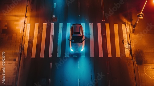 A car with its headlights on drives over a pedestrian crosswalk at night. Top view from drone.