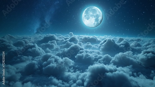 Beautiful realistic flight over cumulus lush clouds in the night moonlight. A large full moon shines brightly on a deep starry night