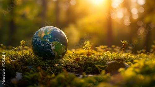 Globe on green moss in the forest with sunlight, save the world concept
