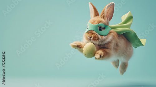 Superhero easter bunny flying with green cape and egg on pastel blue background, copy space.