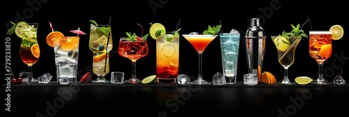 Various cocktail set with shaker on a dark background