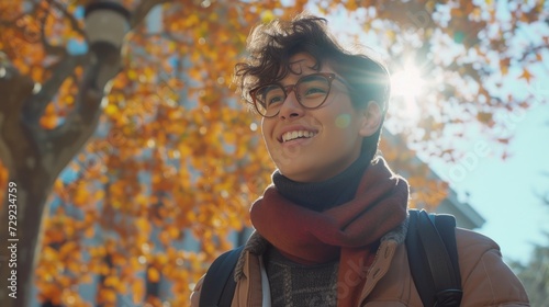 Non-binary college student smiling on campus