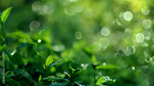 green leaves with dew drops. Bokeh background