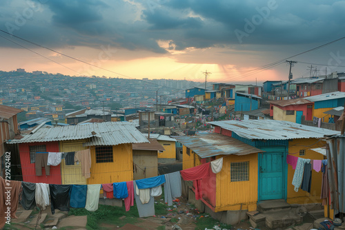 Colorful slum area at the edge of a major African city, showing poor living conditions and challenges of overpopulation