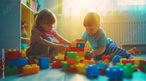 Children play with a toy designer on the floor of the children's room. Two kids playing with colorful blocks. Kindergarten educational games. : Generative AI