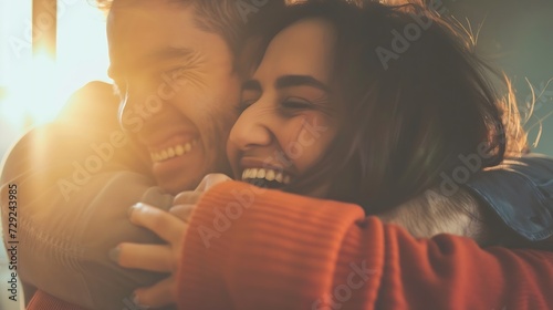Happy friends who haven't seen each other for long time are hugging during meeting at home. Male and female best friends are laughing and hugging each other tightly. Friends reunion co : Generative AI