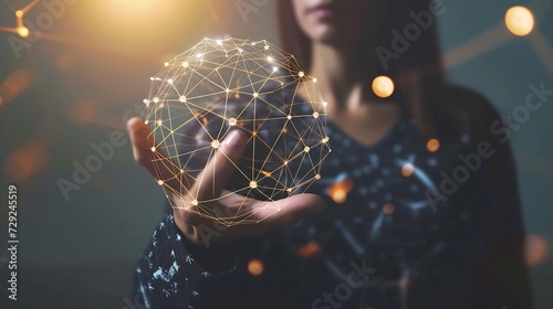 Woman hand holding global network connection. Internet communication, Wireless connection technology. Futuristic technology with polygonal shapes. : Generative AI