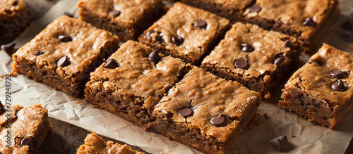 homemade blondies with chocolate chips cut into squares.