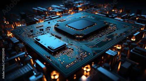Close-up of electronic circuit board PCB with components: processor, microchip, integrated circuits, capacitors, resistances and electronic connections are noted. High-quality macro photography. 