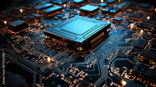Close-up of electronic circuit board PCB with components: processor, microchip, integrated circuits, capacitors, resistances and electronic connections are noted. High-quality macro photography. 
