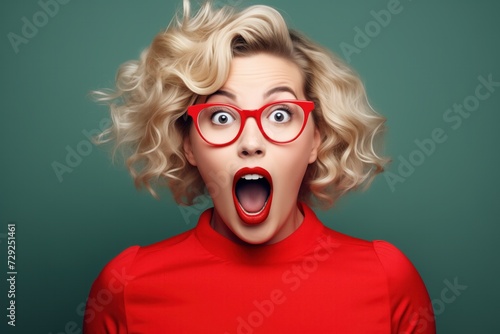 A woman with blonde curly hair, wide-eyed expression, and open mouth, wears red-framed glasses and a red top against a teal background, conveying shock or surprise