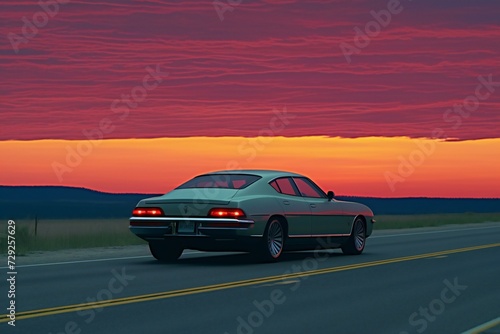 A vintage car driving on a highway at sunset