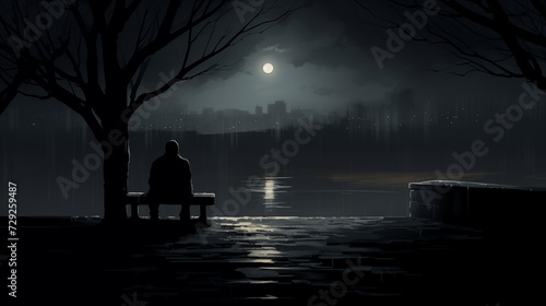 Lonely person sitting on a bench looking at a city and a river
