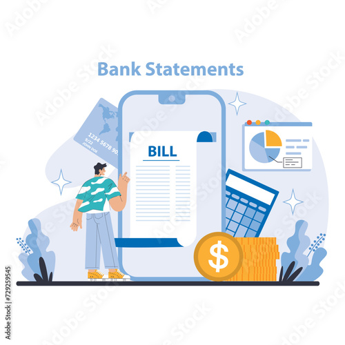 Bank Statements Concept. Detailed financial overview with digital bank statements. Easy tracking of expenses and income. Flat vector illustration.