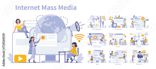 Internet Mass Media set. Diverse online communication platforms and digital content delivery. Global connectivity and information exchange. Vector illustration.
