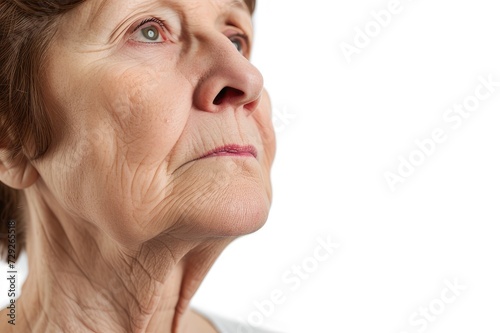 Lower part of the face and neck of elderly woman with signs of skin aging before and after facelift, plastic surgery on white background. Rejuvenation of flabby sagging skin
