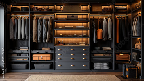 A closet with diverse collection of suits and neatly folded shirts