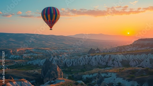 Scenic mountains in Turkey bathed in the warm light of the setting sun, a colorful hot air balloon drifting gracefully across the picturesque landscape Generative AI