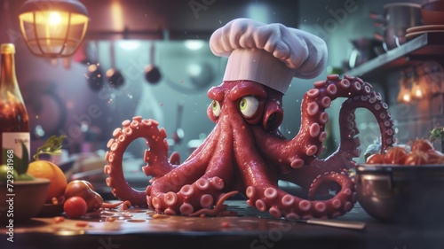 Octopus influencer as a multitasking chef, preparing exotic dishes in a bustling seafood restaurant.