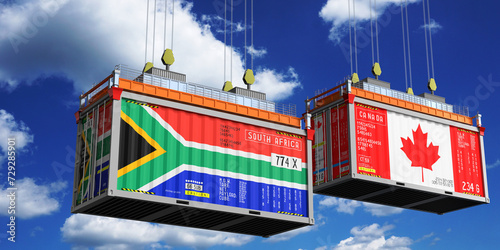 Shipping containers with flags of South Africa and Canada - 3D illustration