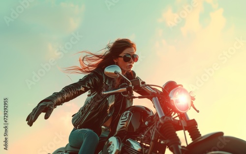 Young woman riding a motorcycle with a dramatic sky backdrop.
