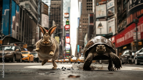 rabbit and tortoise in a playful race on a city street, reminiscent of the classic fable about speed versus persistence