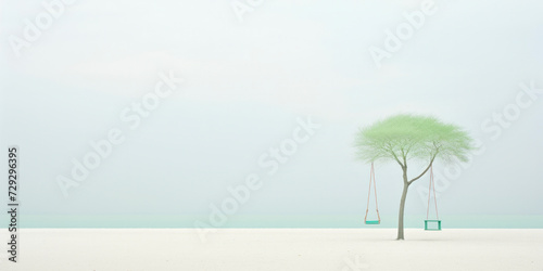 Minimalist Beach Scene with a Lone Tree and Swings.