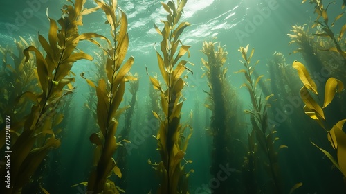 A kelp forest with tall stalks reaching the water surface, mainly exhibiting Ecklonia maxima from below