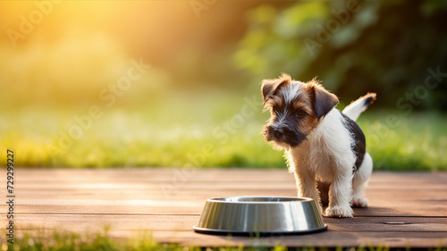 A small puppy cautiously approaches a food bowl on a sunlit wooden deck
