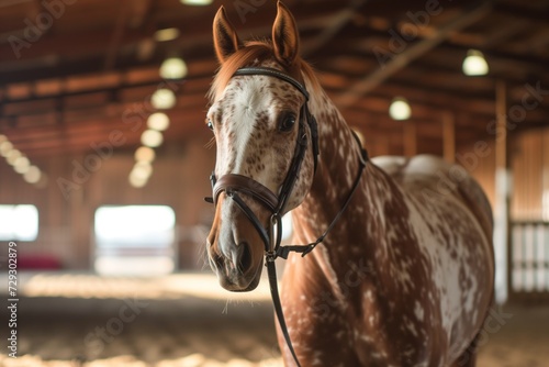 freckled horse with bridle trotting towards viewer in barn