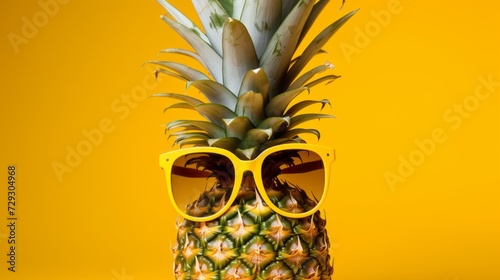 Close-up of a funny pineapple in sunglasses on a yellow background with a copy space.