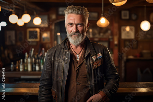A stylish middle-aged man with a distinctive goatee, wearing a vintage leather jacket, immersed in the ambiance of an old-school bar