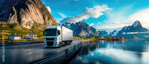 A modern white semi-truck driving along a picturesque coastal road with majestic mountains and a reflective ocean in the background.