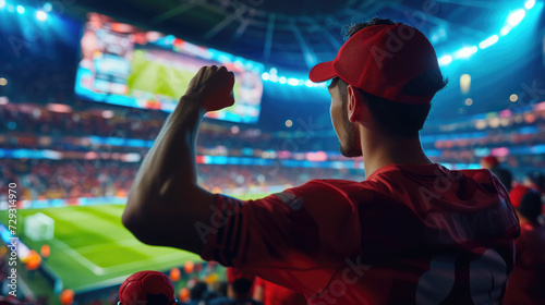 An enthusiastic fan in a red cap and jersey raises his fist in support at a vibrant, packed soccer stadium during a match.