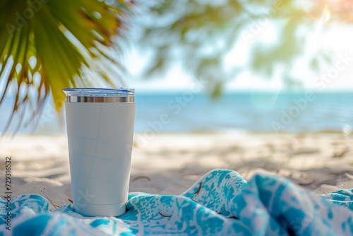 white tumbler mockup, Coffee glass, stainless steel, reusable mixer blank, insulated aluminum cup, on blurred beach background