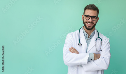 A smiling male doctor in a white coat with a stethoscope stands confidently with his arms crossed against a turquoise background, exuding professionalism and friendliness.