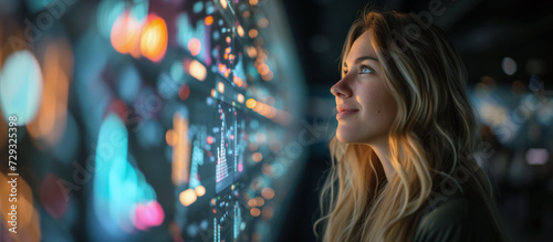 Contemplative woman in data center gazes at illuminated screens, reflecting on analytics
