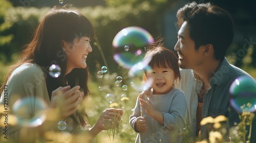 Happy asian family in the garden They are having fun playing and blowing bubbles. and enjoyed ourselves together in the green garden. Family enjoying sunny fall day in nature