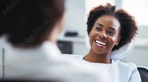 Smiling dentist communicating with African American woman while checking her teeth during dental procedure at dentist's office