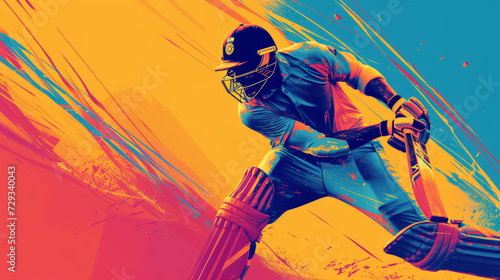 Design a dynamic cricket-themed graphic background with powerful and stylized representations of a cricket batting